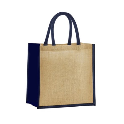 REUSABLE MIDI JUTE SUSTAINABLE BAG with Navy Blue Gusset & Handles