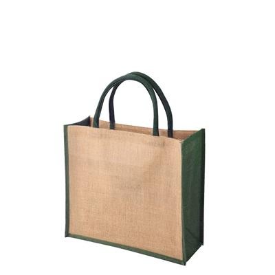 TEMBO CT GREEN 100% ECO JUTE SHOPPER TOTE BAG with Dyed Gusset & Matching Short Cotton Cord Handles