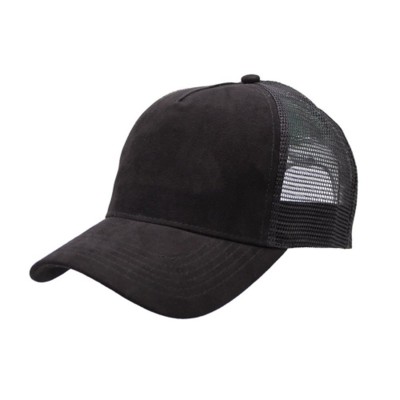 100% POLYESTER SUEDE FRONTED 5 PANEL TRUCKER CAP with Mesh Back & Plastic Snap Adjuster in Black