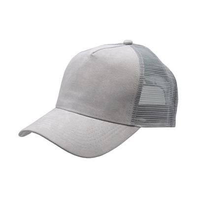 100% POLYESTER SUEDE FRONTED 5 PANEL TRUCKER CAP with Mesh Back & Plastic Snap Adjuster in Grey