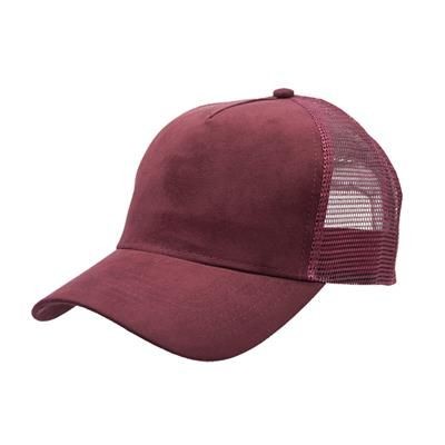 100% POLYESTER SUEDE FRONTED 5 PANEL TRUCKER CAP with Mesh Back & Plastic Snap Adjuster in Maroon