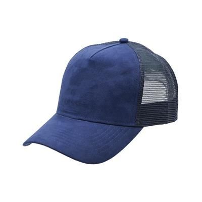 100% POLYESTER SUEDE FRONTED 5 PANEL TRUCKER CAP with Mesh Back & Plastic Snap Adjuster in Navy