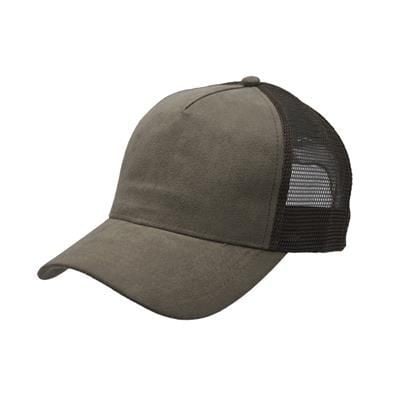 100% POLYESTER SUEDE FRONTED 5 PANEL TRUCKER CAP with Mesh Back & Plastic Snap Adjuster in Olive