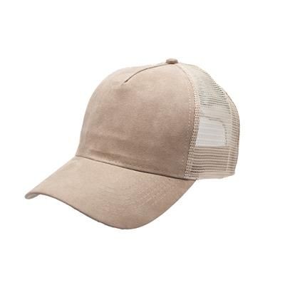 100% POLYESTER SUEDE FRONTED 5 PANEL TRUCKER CAP with Mesh Back & Plastic Snap Adjuster in Tan