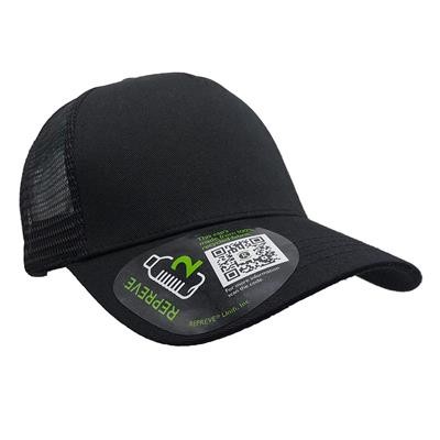 100% RECYCLED REPREVE 5 PANEL TRUCKER HAT in Black Eco