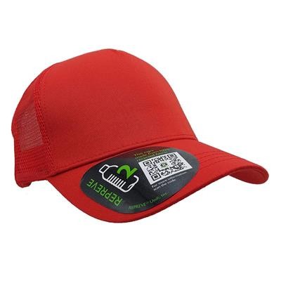 100% RECYCLED REPREVE 5 PANEL TRUCKER HAT in Red Eco