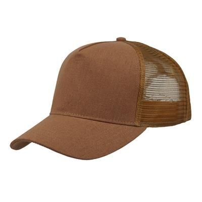 LINEN FRONTED 5 PANEL STRUCTURED TRUCKER BASEBALL CAP in Brown