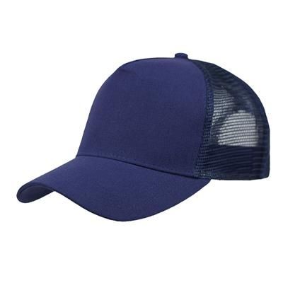 LINEN FRONTED 5 PANEL STRUCTURED TRUCKER BASEBALL CAP in Navy