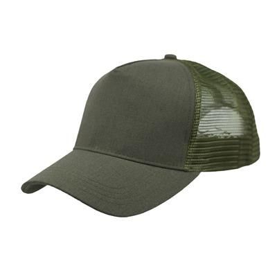 LINEN FRONTED 5 PANEL STRUCTURED TRUCKER BASEBALL CAP in Olive