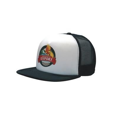 TRUCKER MESH CAP with Flat Peak, 5 Panel Flat Peak, Plastic Snap Closure