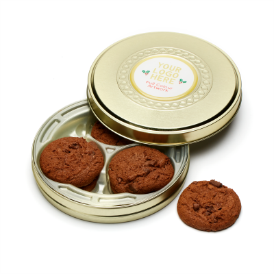 WINTER COLLECTION - SHALLOW GOLD TREAT TIN - BELGIAN CHOCOLATE COOKIE OR BISCUIT