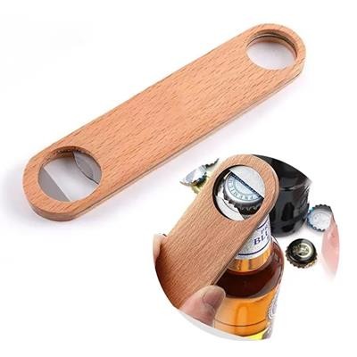 BAMBOO WOOD COVERED FLAT STAINLESS STEEL METAL LARGE BOTTLE OPENER