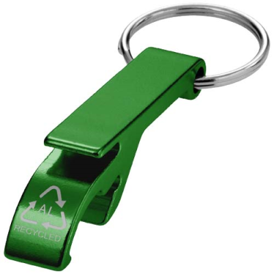 TAO RCS RECYCLED ALUMINIUM METAL BOTTLE AND CAN OPENER with Keyring Chain in Green