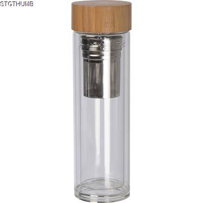 GLASS BOTTLE with Bamboo Lid & 420 Ml Capacity in Clear Transparent