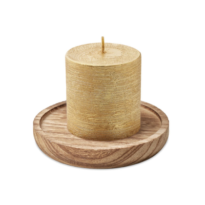 CANDLE ON ROUND WOOD BASE in Gold