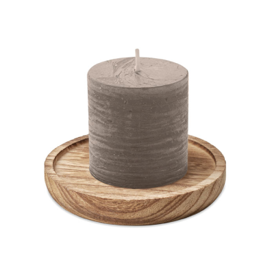 CANDLE ON ROUND WOOD BASE in Grey