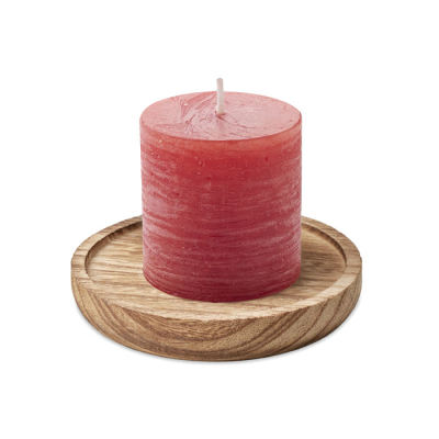 CANDLE ON ROUND WOOD BASE in Red