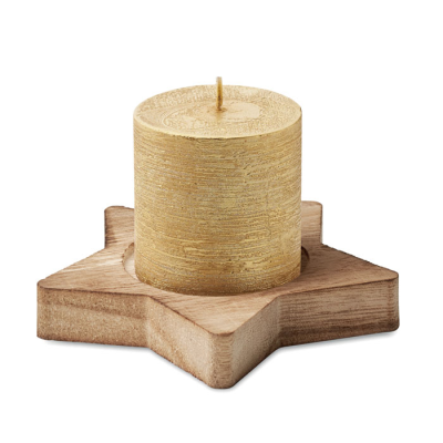 CANDLE ON STAR WOOD BASE in Gold