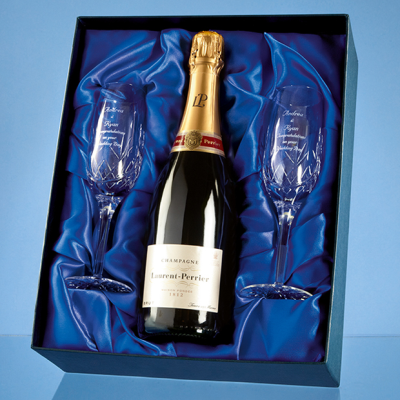 DOUBLE CHAMPAGNE FLUTE GIFT SET with a 75Cl Bottle of Laurent Perrier Champagne