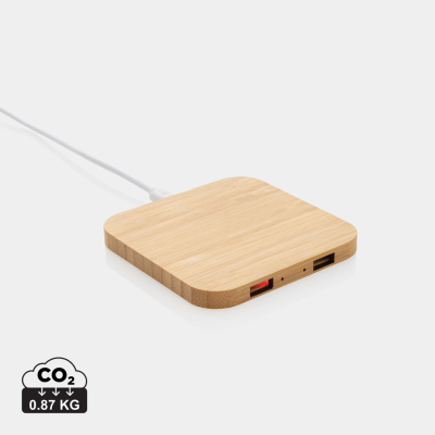 BAMBOO 10W CORDLESS CHARGER with USB in Brown