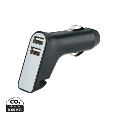 DUAL PORT CAR CHARGER with Belt Cutter & Hammer in Black, Silver