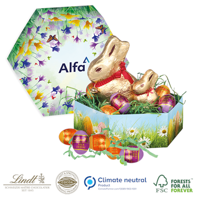 PERSONALISED LINDT EASTER HEXAGONAL GIFT BOX with 2 Lindt Bunnies & Lindor Mini Eggs