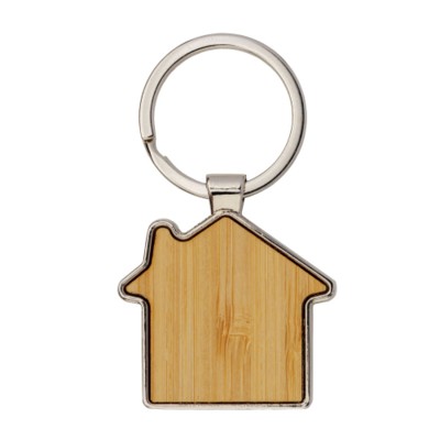 ECO BAMBOO AND METAL HOUSE SHAPE KEYRING