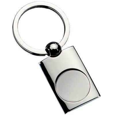 EXCLUSIVE RECTANGULAR POLISHED SILVER METAL KEYRING with Round Matt Inlay