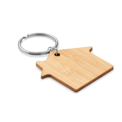 HOUSE SHAPE BAMBOO KEYRING in Brown