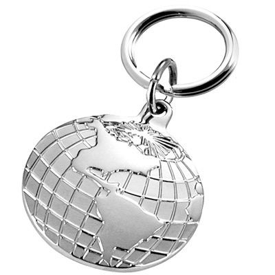 METAL GLOBE KEYRING in Silver with Round 32mm Ring