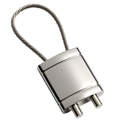 RECTANGULAR SILVER CHROME METAL KEYRING with Cable