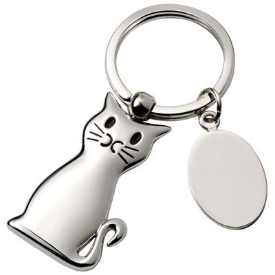 SILVER PLATED METAL CAT KEYRING with Tag