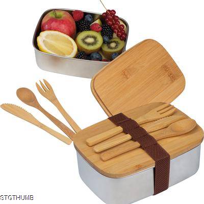 SPACIOUS STAINLESS STEEL METAL LUNCH BOX with Bamboo Lid in Beige