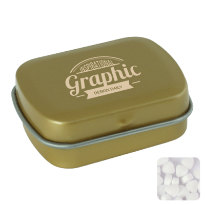 SMALL FLAT HINGED TIN with Sugar Free Mints in Gold