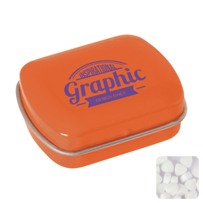 SMALL FLAT HINGED TIN with Sugar Free Mints in Orange