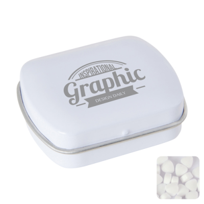 SMALL FLAT HINGED TIN with Sugar Free Mints in White