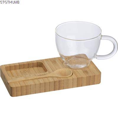 BAMBOO TRAY with Spoon & Glass Mug in Beige