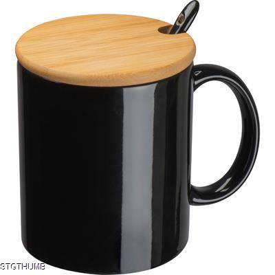 CERAMIC POTTERY MUG with Spoon & Bamboo Lid in Black