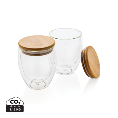 DOUBLE WALL BOROSILICATE GLASS with Bamboo Lid 250Ml 2Pc Set in Clear Transparent