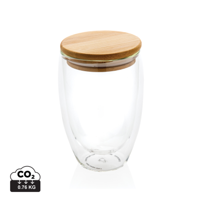 DOUBLE WALL BOROSILICATE GLASS with Bamboo Lid 350Ml in Clear Transparent