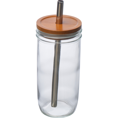 GLASS MUG with Bamboo Lid & Straw in Clear Transparent