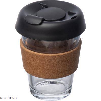 GLASS MUG with Leak Proof Lid & Cork Gripzone in Clear Transparent