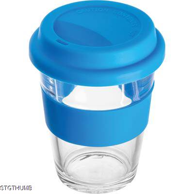 GLASS MUG with Silicon Sleeve & Lid in Blue