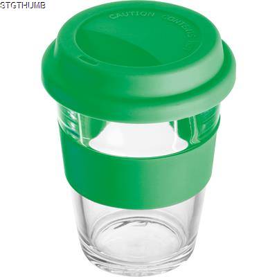 GLASS MUG with Silicon Sleeve & Lid in Green