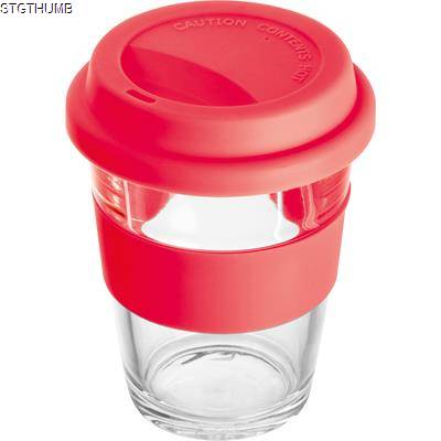 GLASS MUG with Silicon Sleeve & Lid in Red