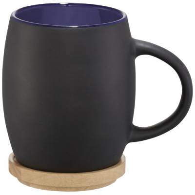 HEARTH 400 ML CERAMIC POTTERY MUG with Wood Coaster in Solid Black & Blue