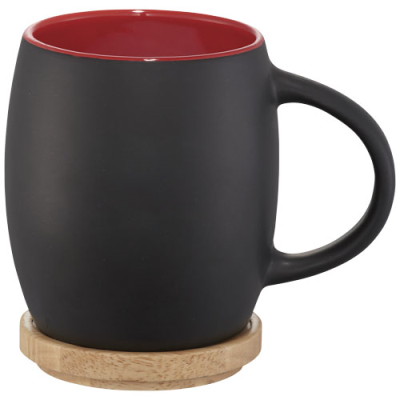 HEARTH 400 ML CERAMIC POTTERY MUG with Wood Coaster in Solid Black & Red