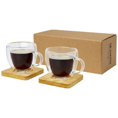 MANTI 2-PIECE 100 ML DOUBLE-WALL GLASS CUP with Bamboo Coaster in Clear Transparent & Natural