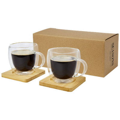 MANTI 2-PIECE 250 ML DOUBLE-WALL GLASS CUP with Bamboo Coaster in Clear Transparent & Natural