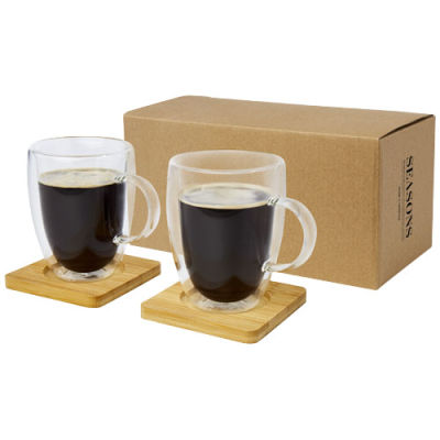 MANTI 2-PIECE 350 ML DOUBLE-WALL GLASS CUP with Bamboo Coaster in Clear Transparent & Natural